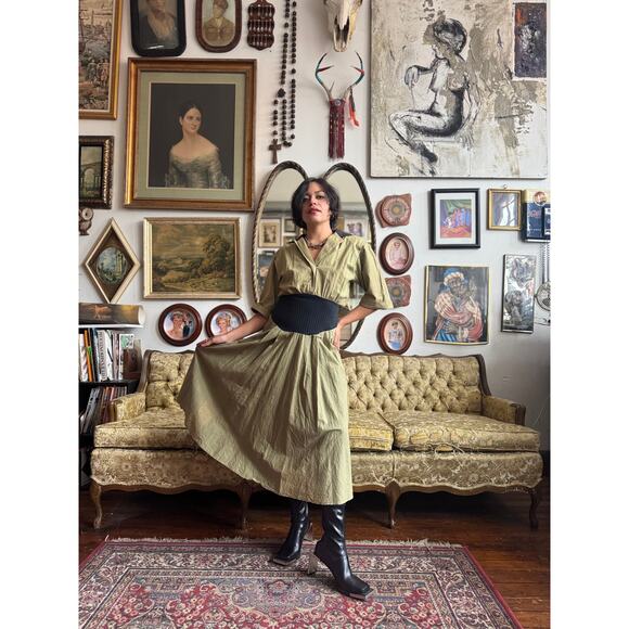 Vintage 80s Olive Green Ribbed Waist Collared Midi Dress Size 7 Medium - Picture 8 of 9